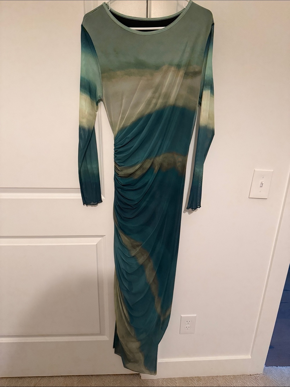 Long Sleeve Teal & Olive Ruched Maxi Dress bodycon